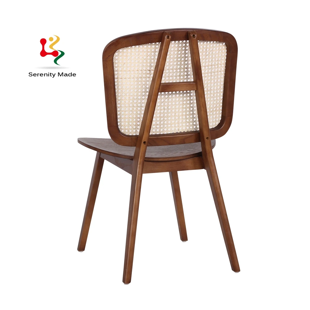 Special design Ming style brown ash wood caned wide dining chair for restaurant use