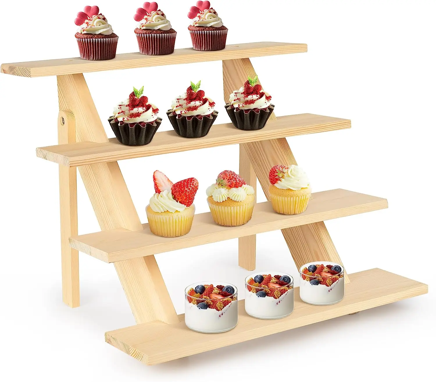 Trending Products 2023 Premium Bamboo Wooden Rectangular 4 Tier Cupcake Tower Holder Stand Decor Manufacturer