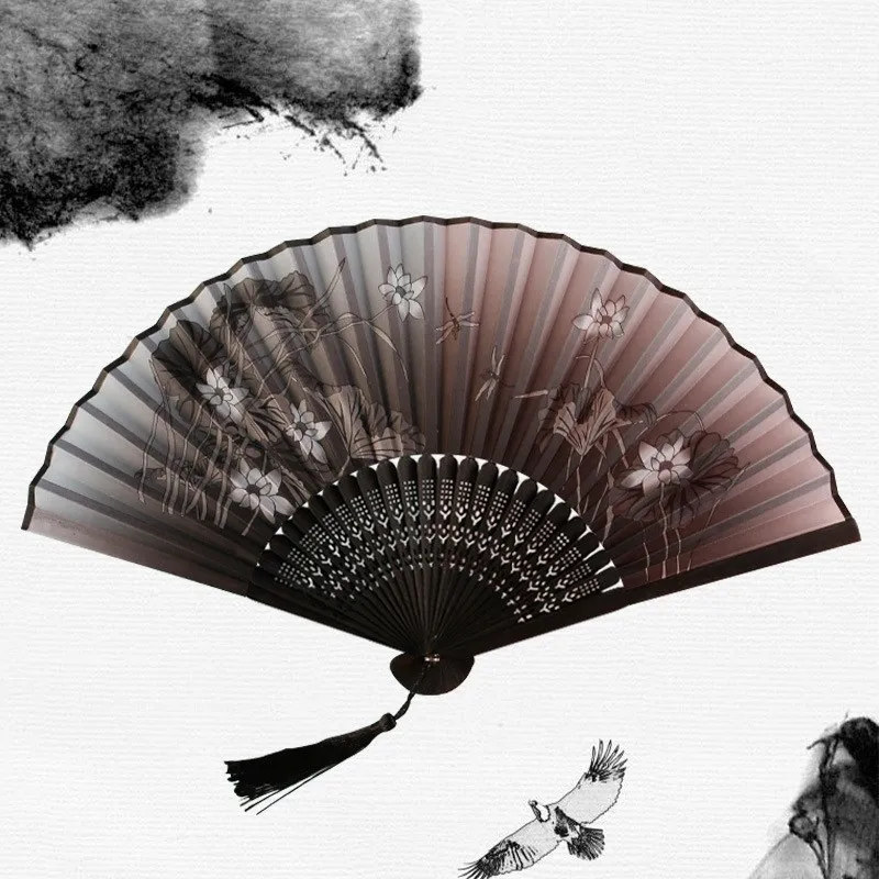 Vintage Chinese Japanese Fabric Floral Spun Silk Flower Printing Hand Fan Folding Hollow Carved Hand Fan Party Wedding Hand Fan