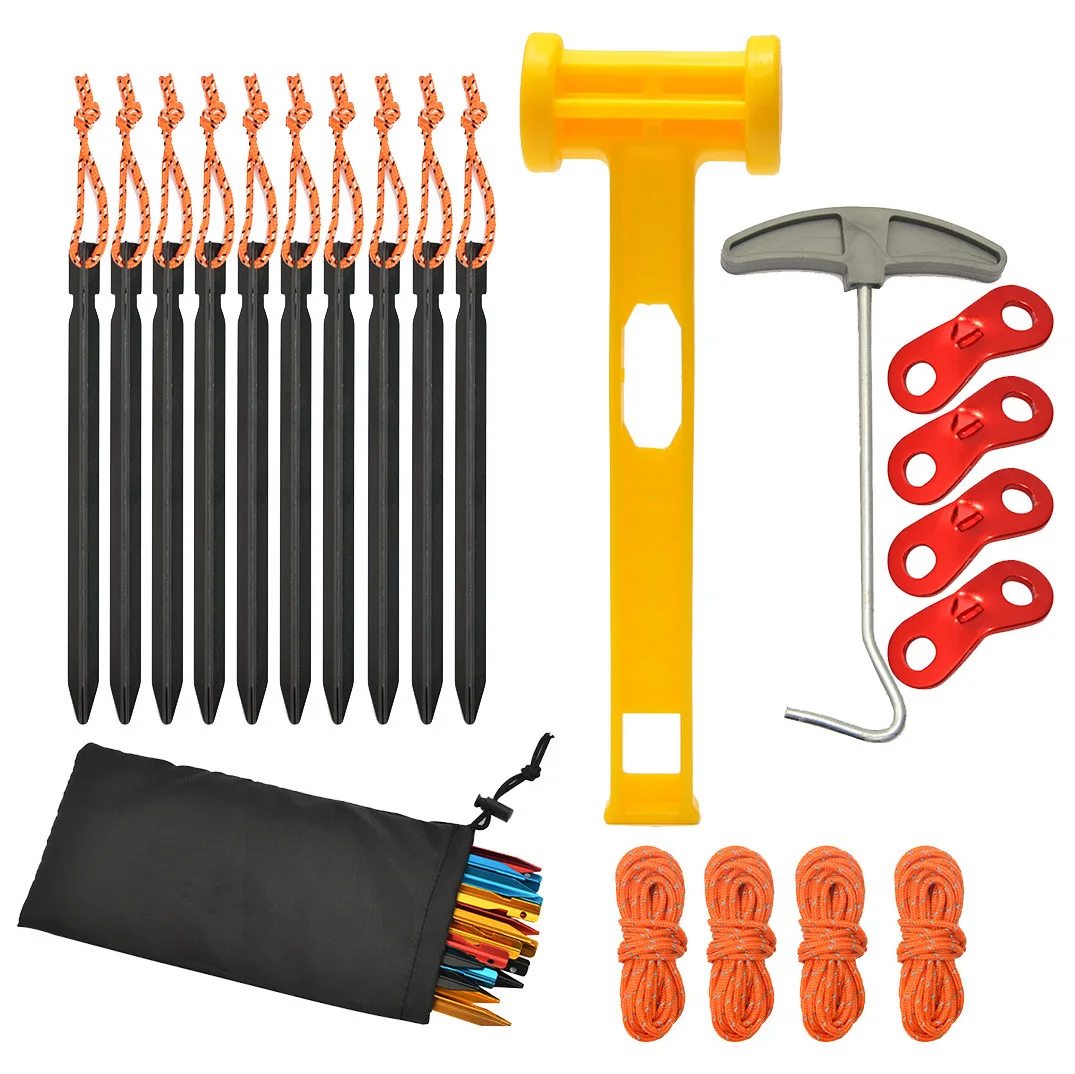 21PCS Camping Accessories Kit Tent Stakes Pegs Nylon Guyline Rope With Hammer