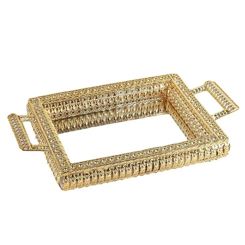 Wholesale Electroplating Iron Crystal Tray Gold Organizer for Storage Perfume Trinket Dresser Countertop Wedding Home Bathroom