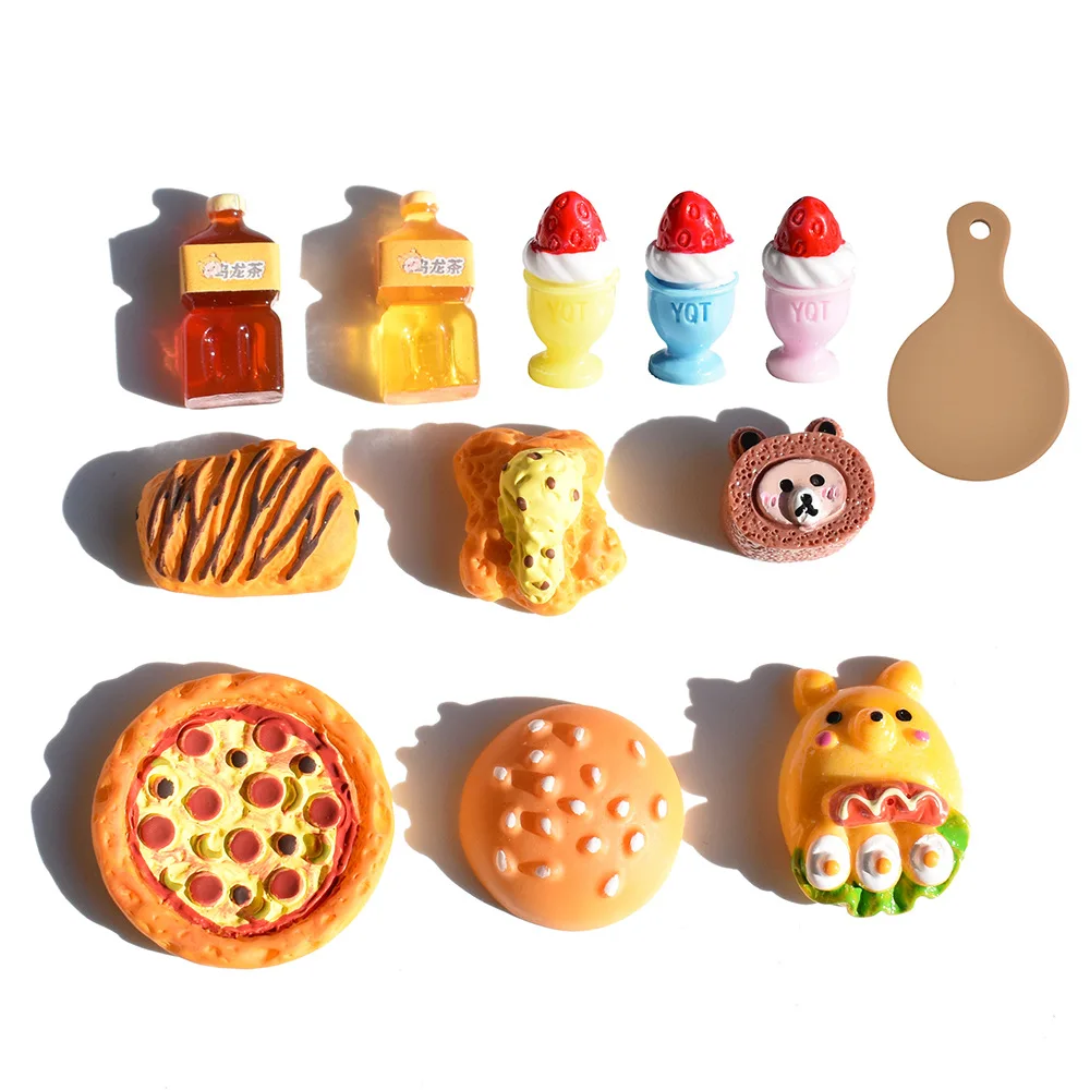 Little Bear Cake Ham Pizza Bread Sesame Burger Milk Shake Cup Bread Flatback Resin Charms For Slime Mobile Case Keychain DIY Cr