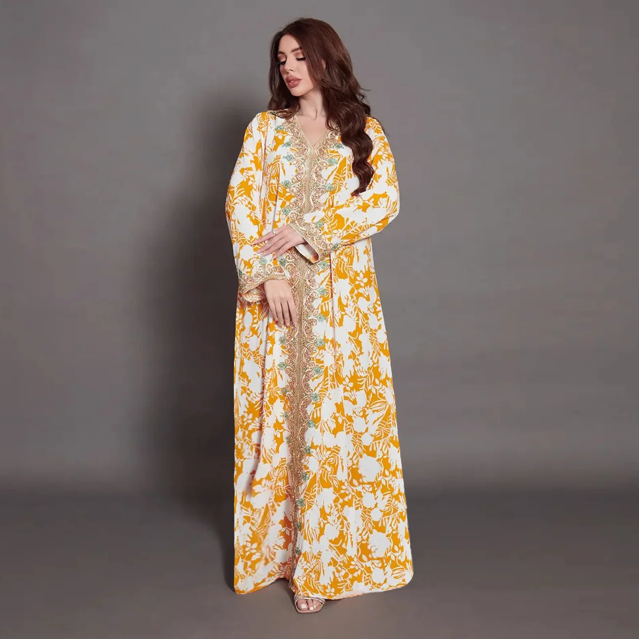 Hot selling loose wear fashion print beaded long sleeve maxi dress islamic clothing muslim dresses for women