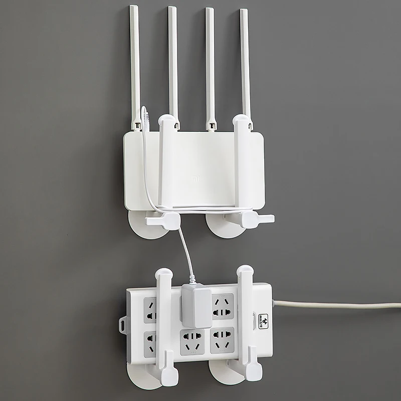 Simple and sturdy wall mounted WiFi router rack, home multifunctional power cord socket storage, no perforation