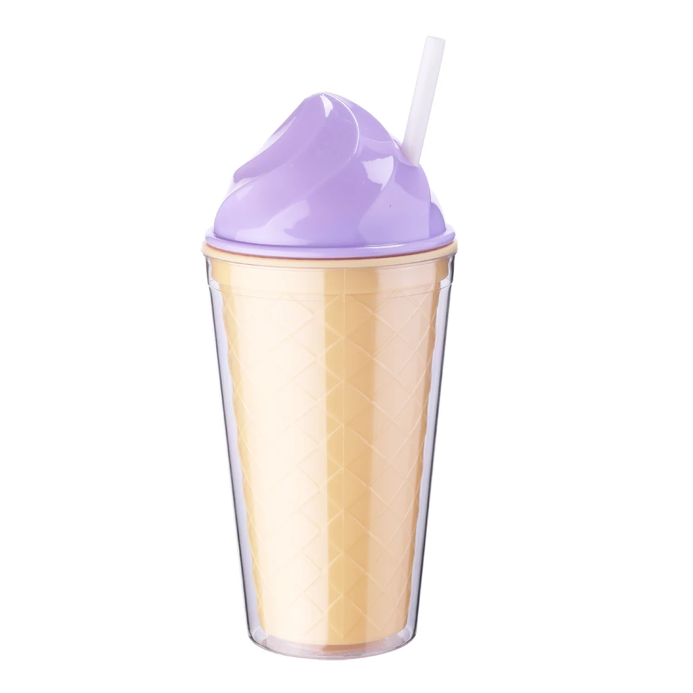 Promotional BPA free16oz Plastic Travel Mug Double Wall Plastic Tumbler Ice Cream Cup With Straw
