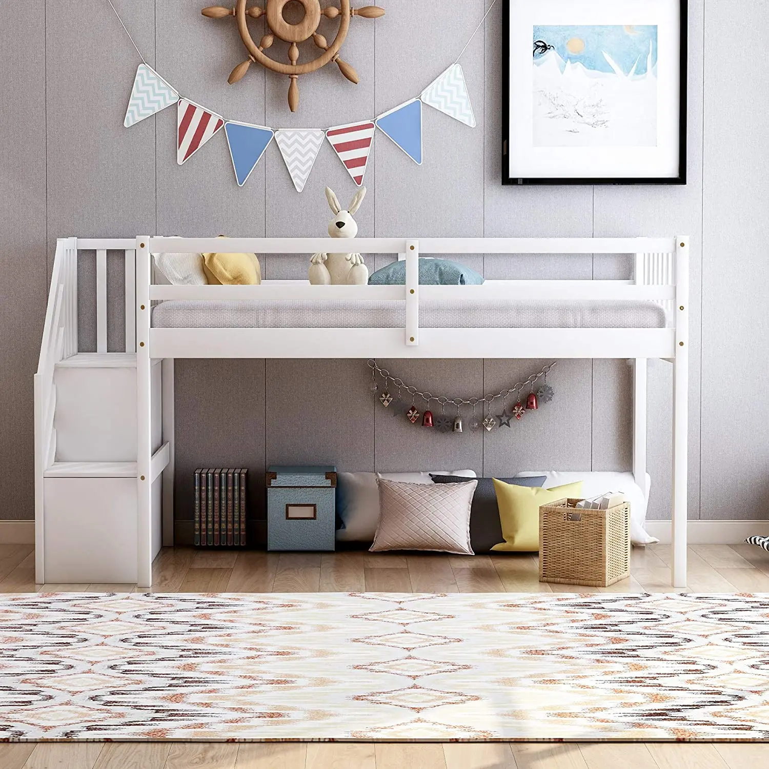 Creative Design Floor Loft Wooden Kid Beds White Pine Wood Twin Low Loft Bed with Stairs and Storage for Children