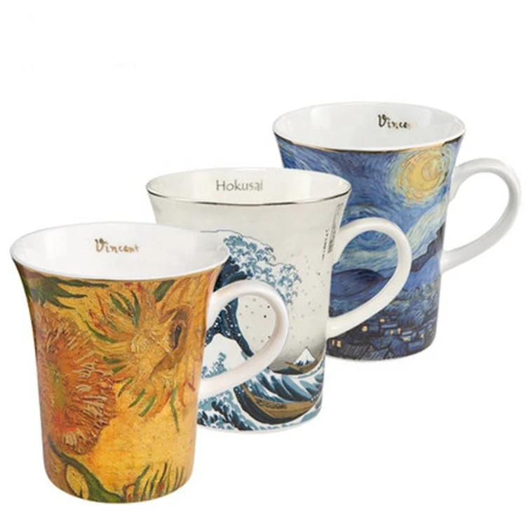 Colorful printed abstract Van Gogh western moder custom bone china coffee mug with logo