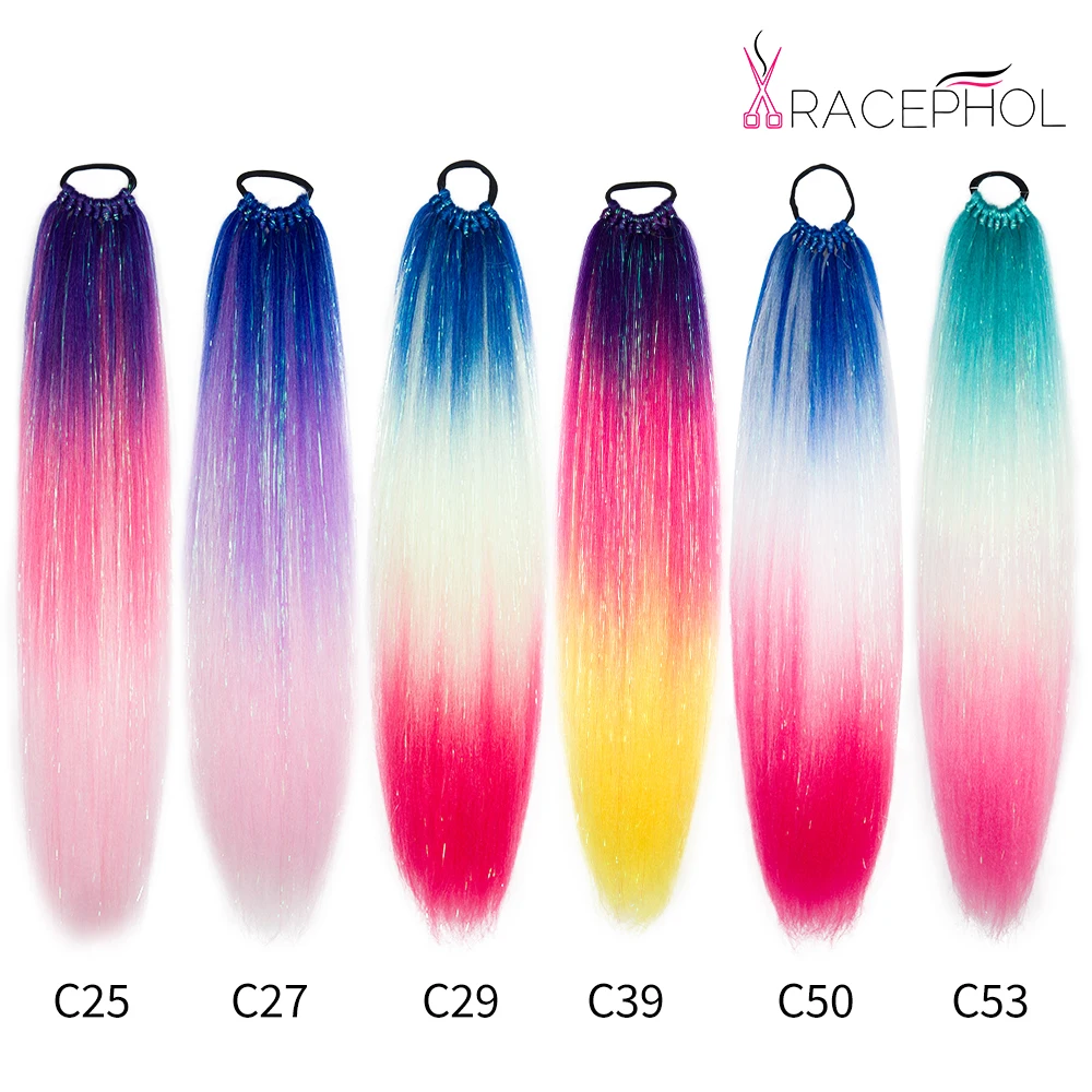 Multi Color Ombre Braiding Hair Extension Glitter Hair Tinsel Ponytail With Elastic Rubber Band Synthetic