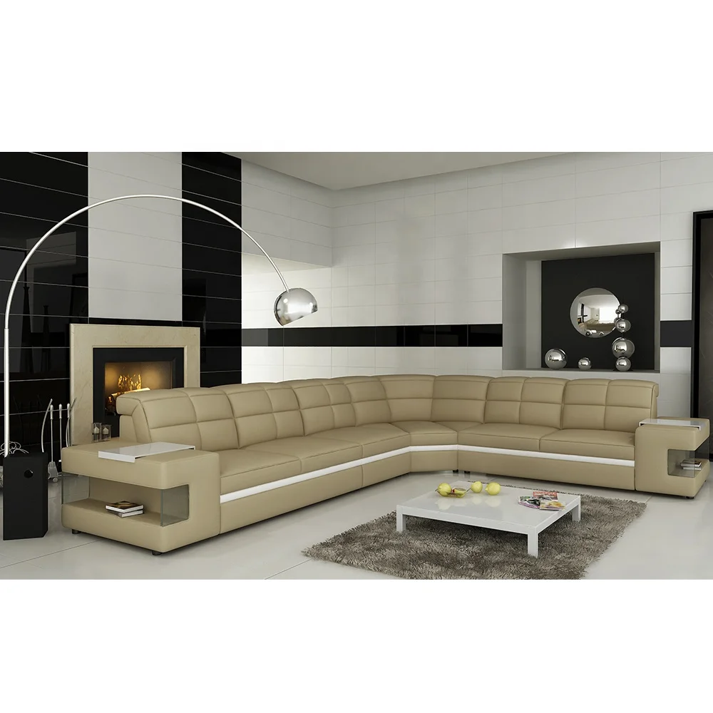 Lounge furniture family l shape cheap white and gold luxury genuine leather couch set living room sofa