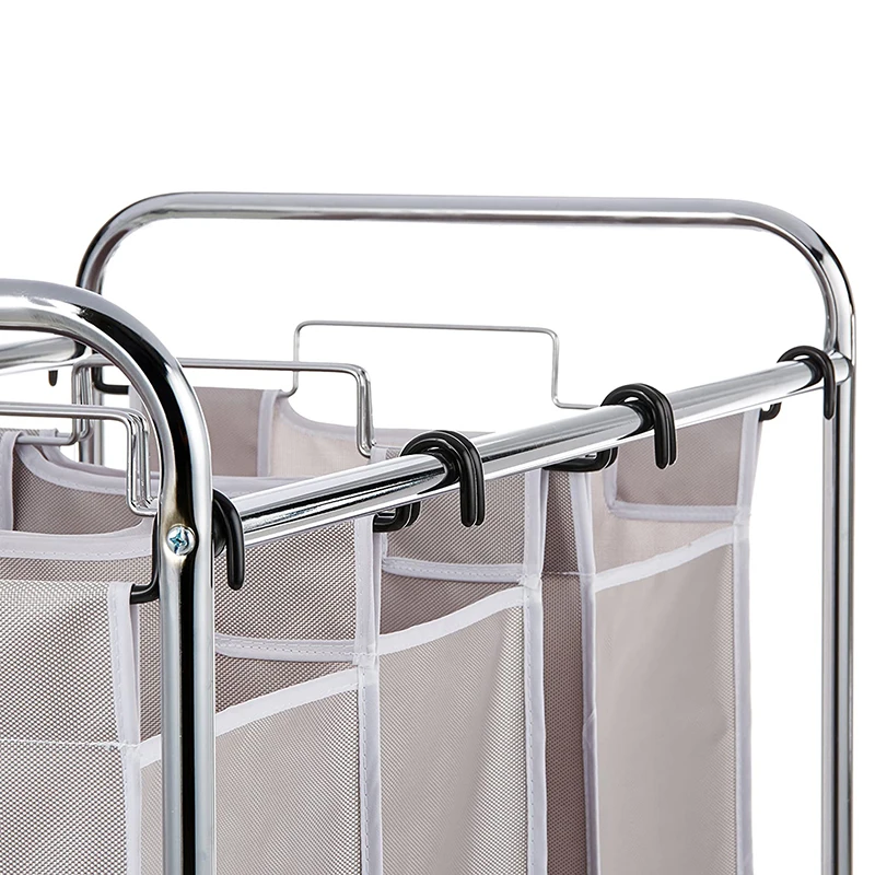 Wholesale Heavy Duty Nylon Dirty Clothes Cleaning Garment Laundry Sorter Basket 3 Compartments Wash Bags With Shelf On Wheel