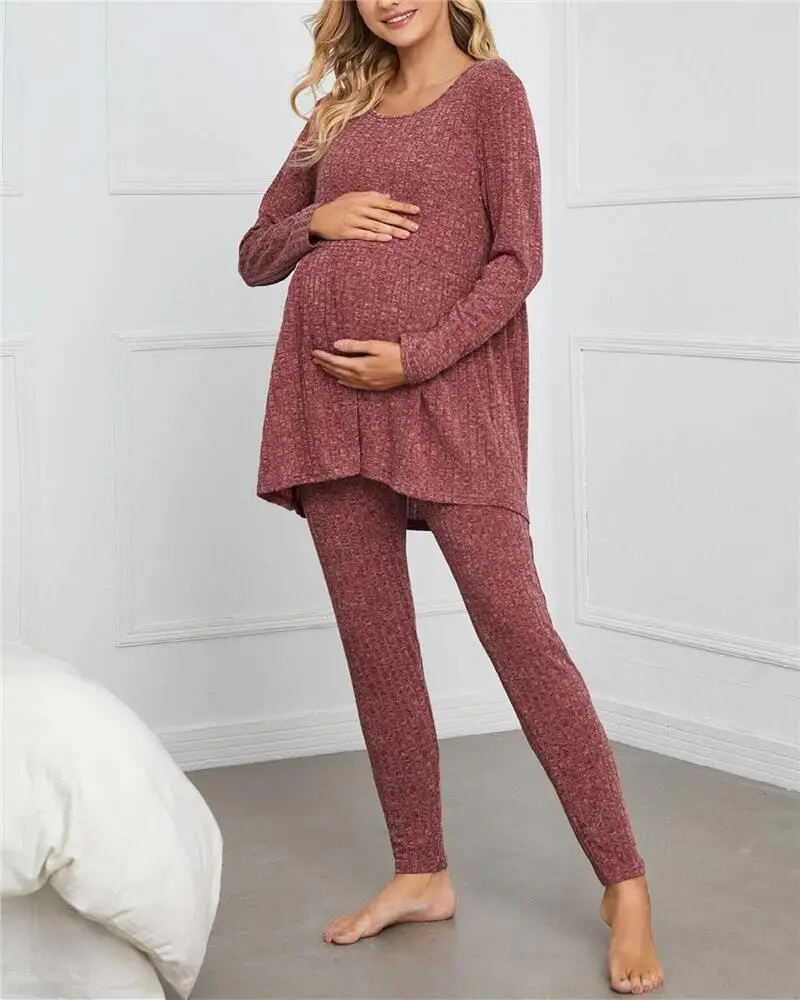
M046 Long Sleeve Ruffle Hem Top and Sweatpants Loungewear Pajama Maternity Pant Set 