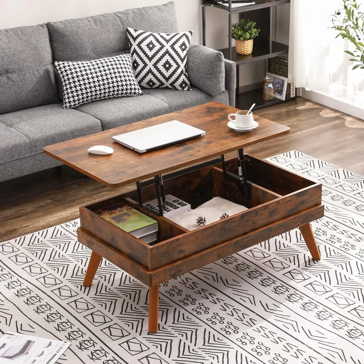 Lift Top Coffee Table with Hidden Storage Compartment, Wooden Lift Up Central Table for Living Room, Reception Room