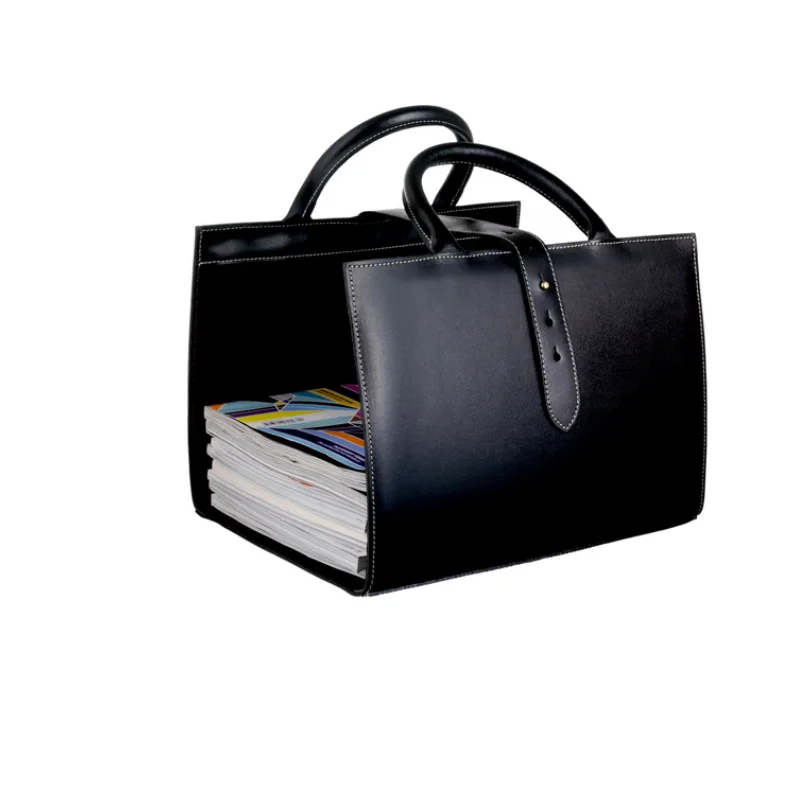 Handcrafted Leather Magazine Holder Luxury PU Leather Book Organizer With Handle Foldable Book Pouch