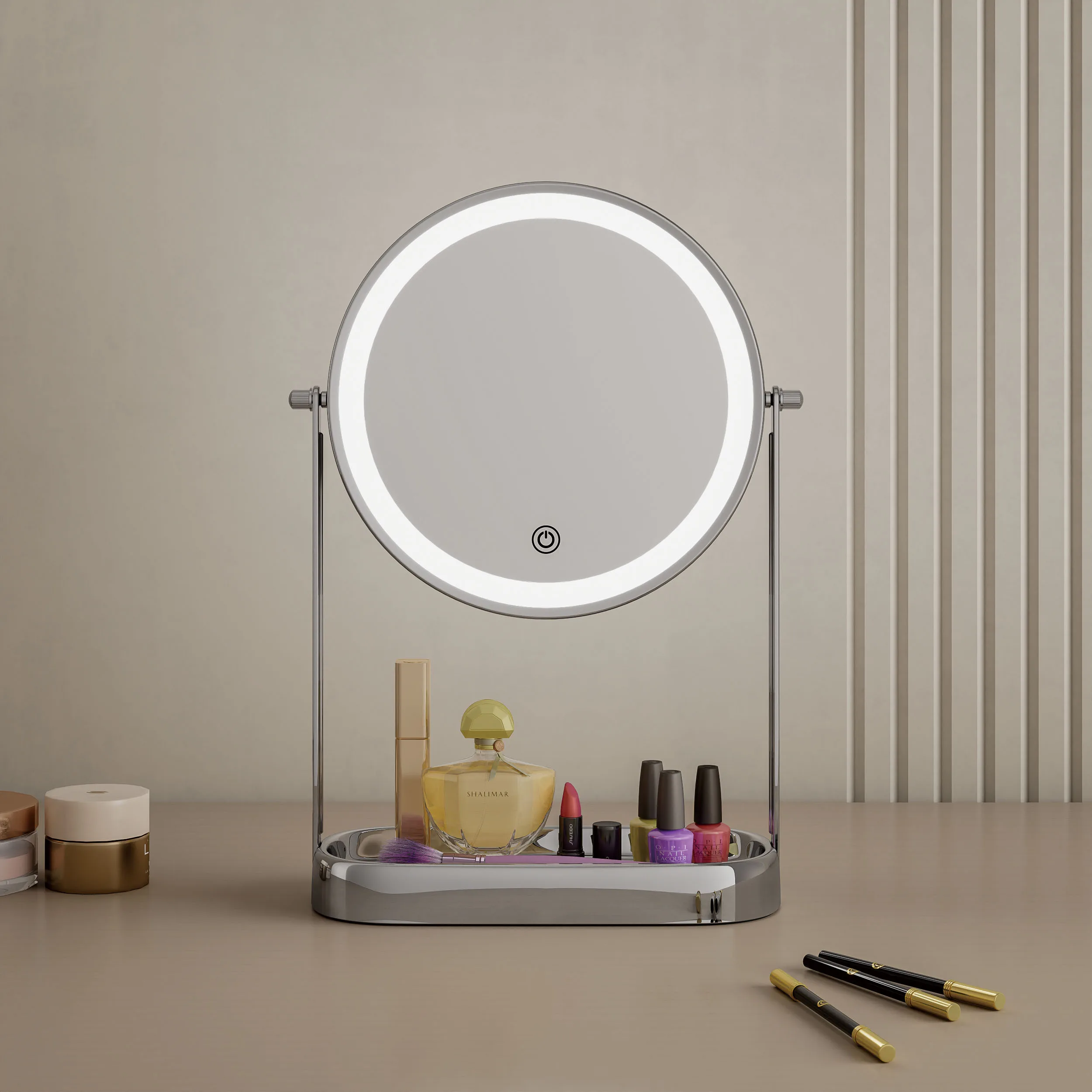 Round Double Sided 10X Magnification Metal Table Desktop Cosmetic Lighted Makeup Mirror With Storage Lights Led Vanity Mirror
