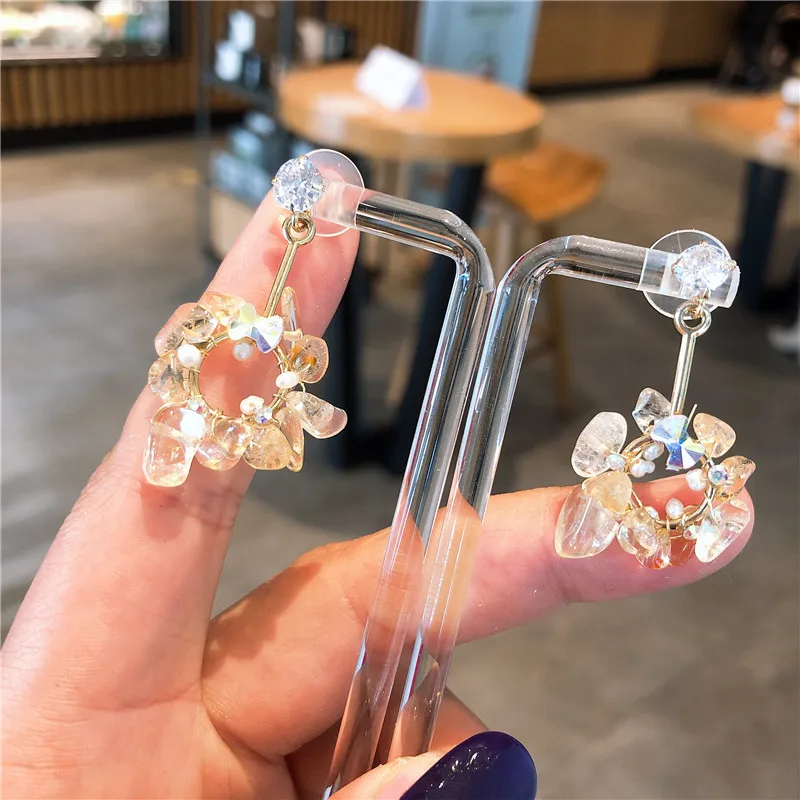 
2021 hot selling Korean version new fashion powder crystal hair crystal winding zircon long earrings S925 silver needle Earrings 