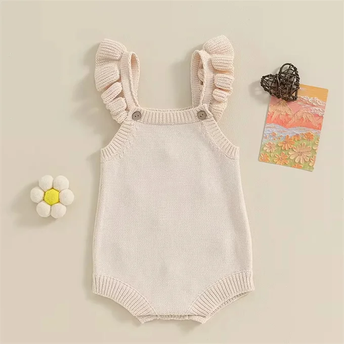 1Pcs Private Label RTS Newborn Infant Toddler Clothes Cap Sleeve Cotton Knitted Baby Girls Knit Romper