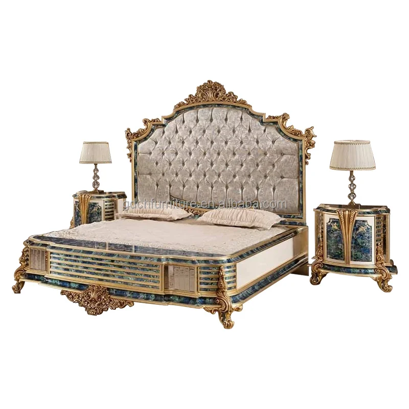 French Palace Furniture Luxury European Fabric Bed Solid Wood Carved Princess Bed Master Bedroom Wedding Bed