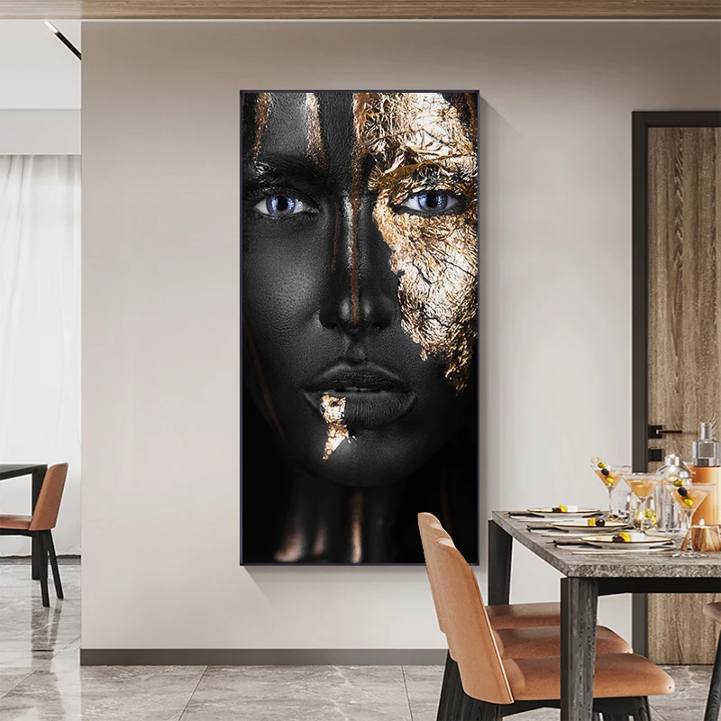 Customizable African women canvas wall art black gold home decor african woman portrait oil painting