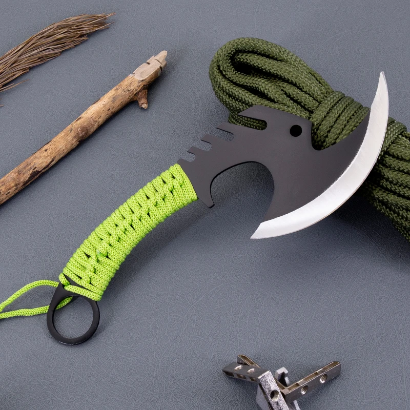 Survival Camping Hunting Knife Tomahawk Axe Battle Hatchet with Fire Starter Rope Wrapped Full Tang Handle