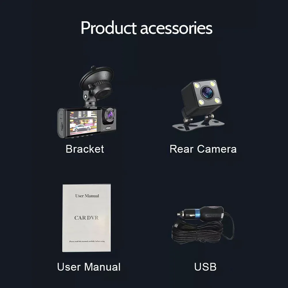 HD 1080P 3 Lens Camera Car DVR Dash Cam Video Recorder High Resolution Car Black Box