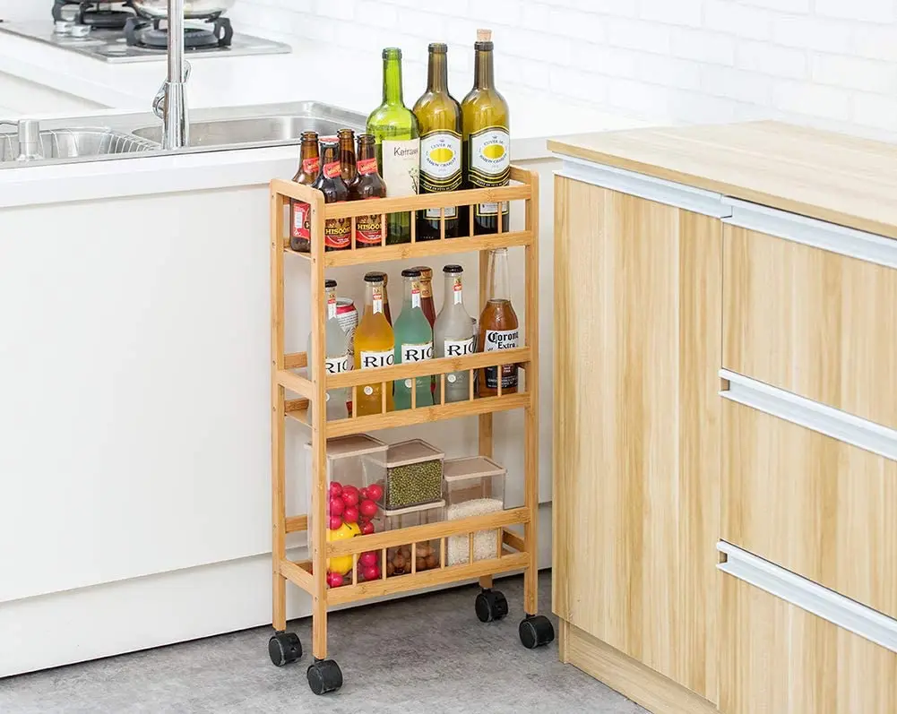 Cheap Stock Item Multipurpose Mobile Home Food Cart Bamboo Kitchen Island Cart Trolley Cabinet with Drawer