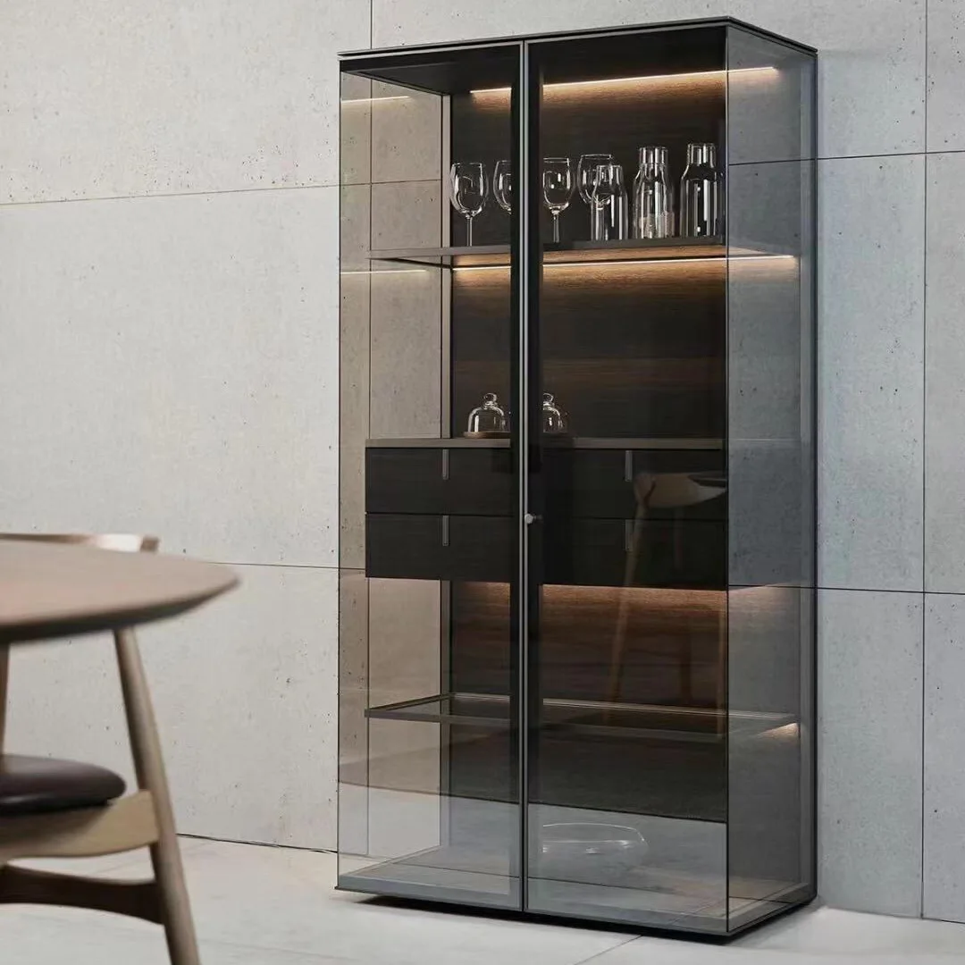 Factory luxury Italy transparent aluminum glass display case home decoration storage showcase airplane wing cabinet with drawers