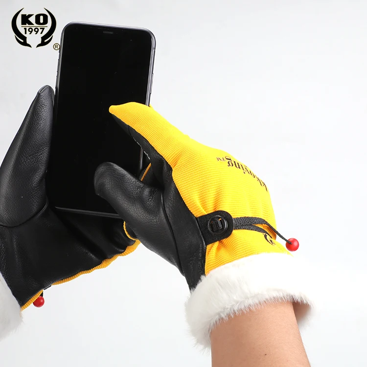 Touch Screen Winter Fur Warm Cow Leather Gloves Driver Outdoor Sport Driving Waterproof Hand