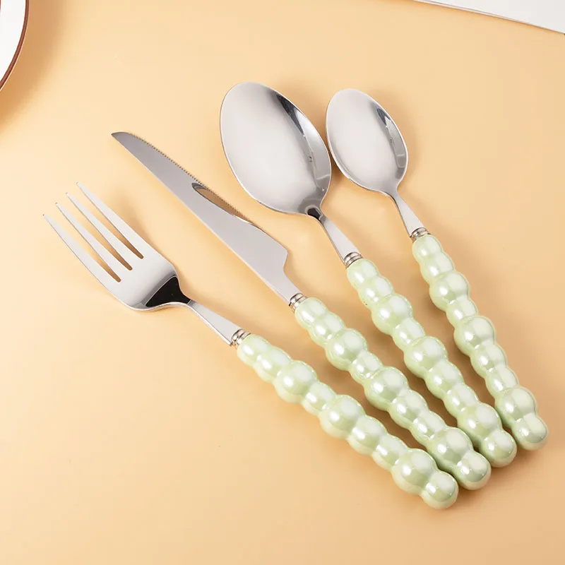Ceramic Handle Luxury Spoon Fork And Knife Set Stainless Steel Silver Wedding Cutlery Set