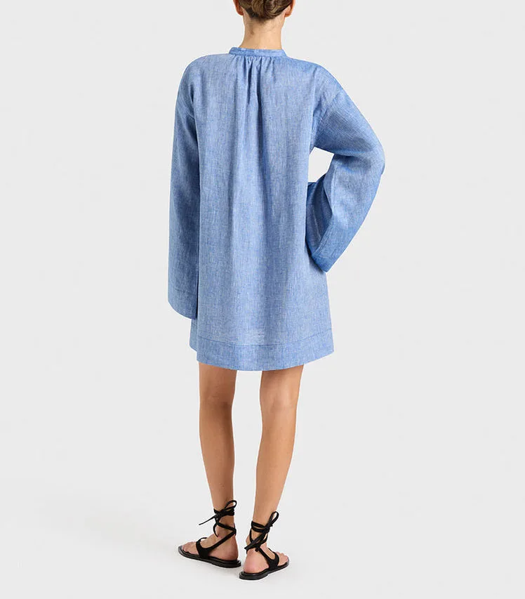 Custom Ladies Loose Fit Button Design Linen Short Dresses Casual Flared Sleeve Patch Pocket Beach Dresses Women Vacation Dresses