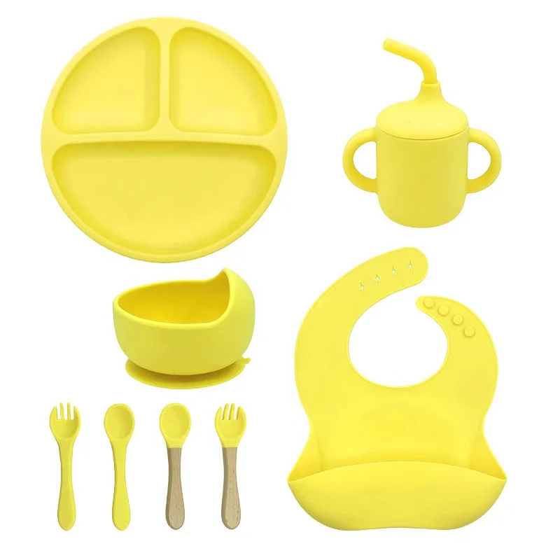 Wholesale BPA Free Silicone Kids Tableware 8pcs Set Infant Complementary Feeding Tool Baby Tableware Sets