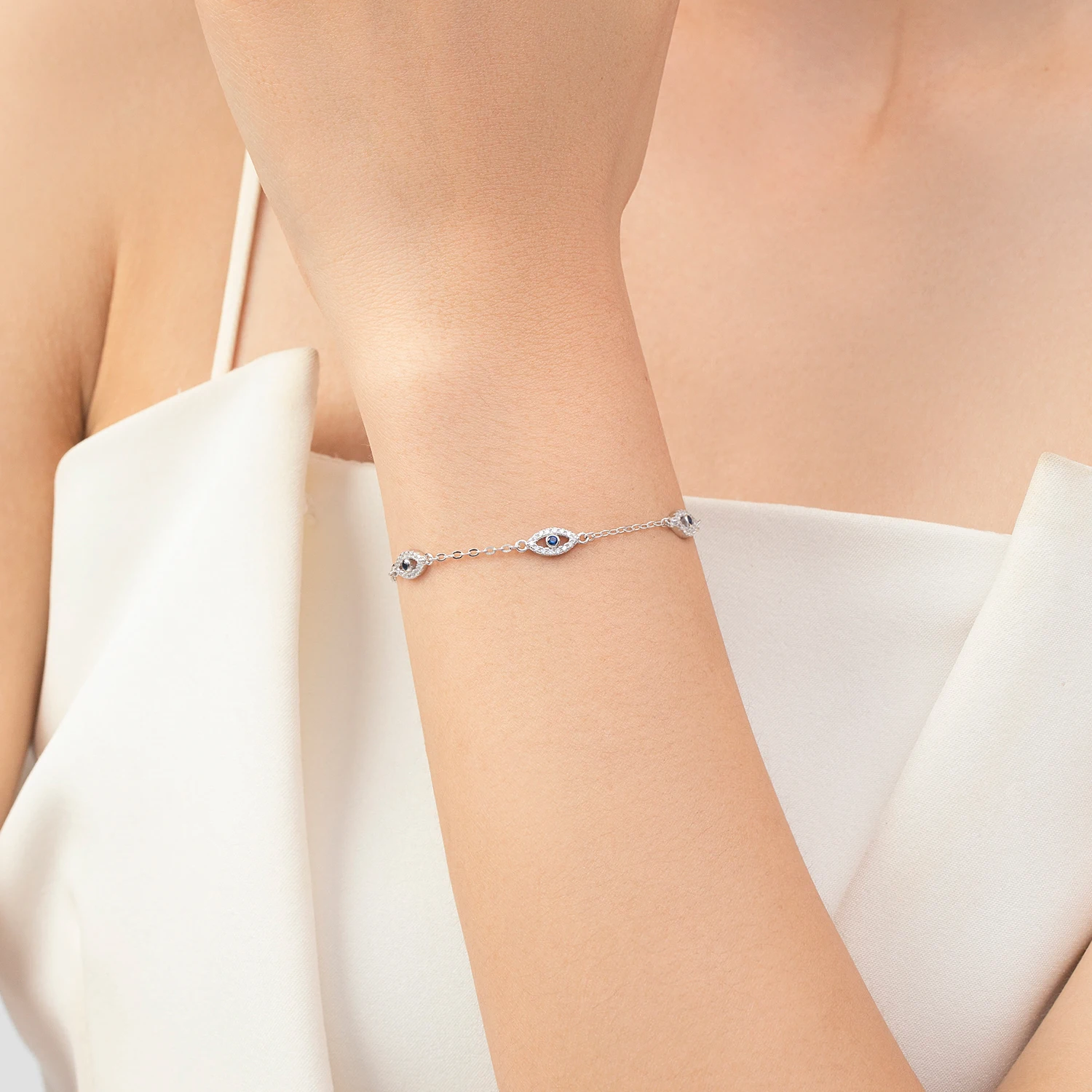 925 Sterling Silver Korea Style Chain Link Fine Jewelry Elegant Blue Clear CZ Adjustable Evil Eyes Charm Bracelet For Women