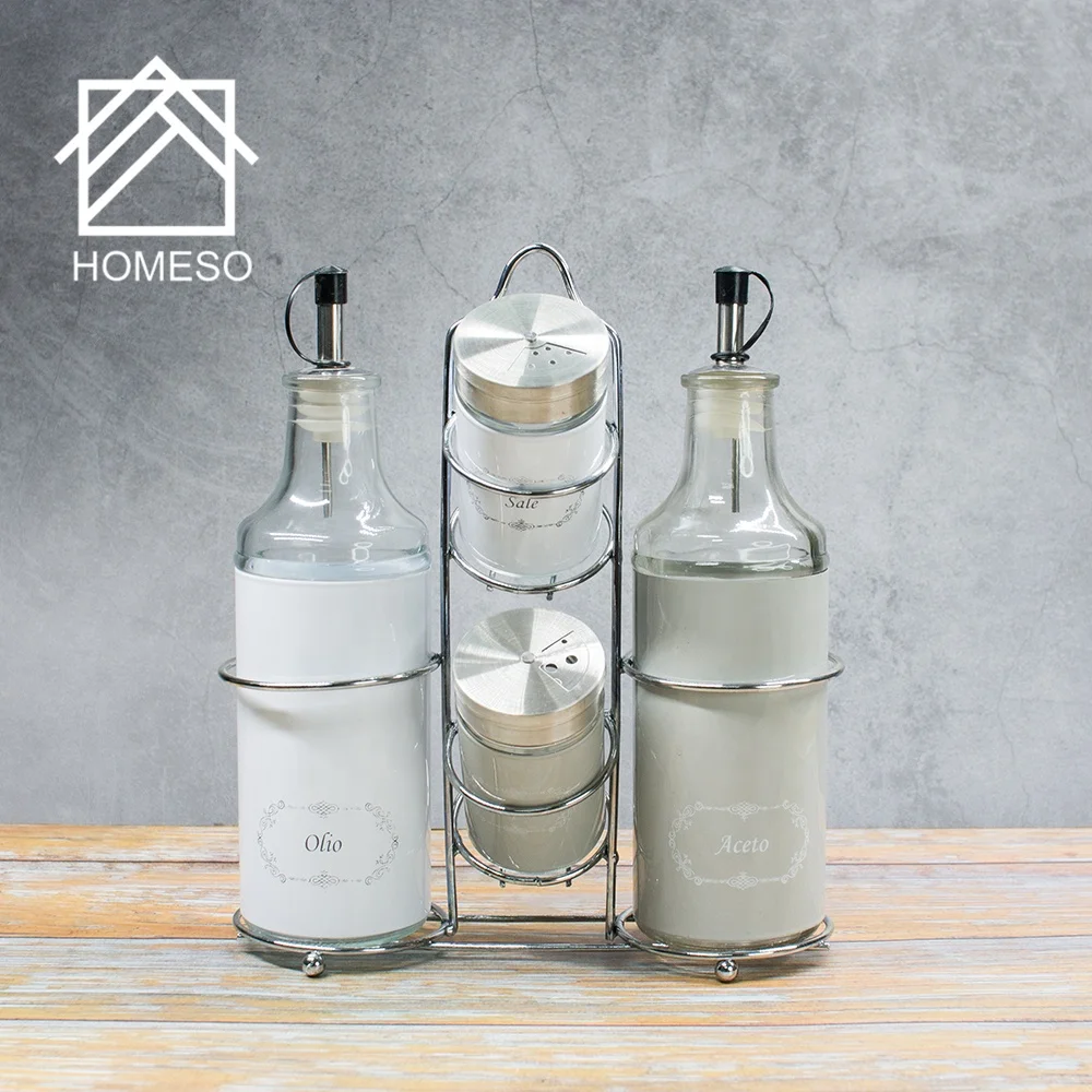 4Pcs Seasoning Stainless Steel Spice Jar Set With Metal Rack For Vinegar And Oil Kitchen Storage Glass Spice Jar rack Set