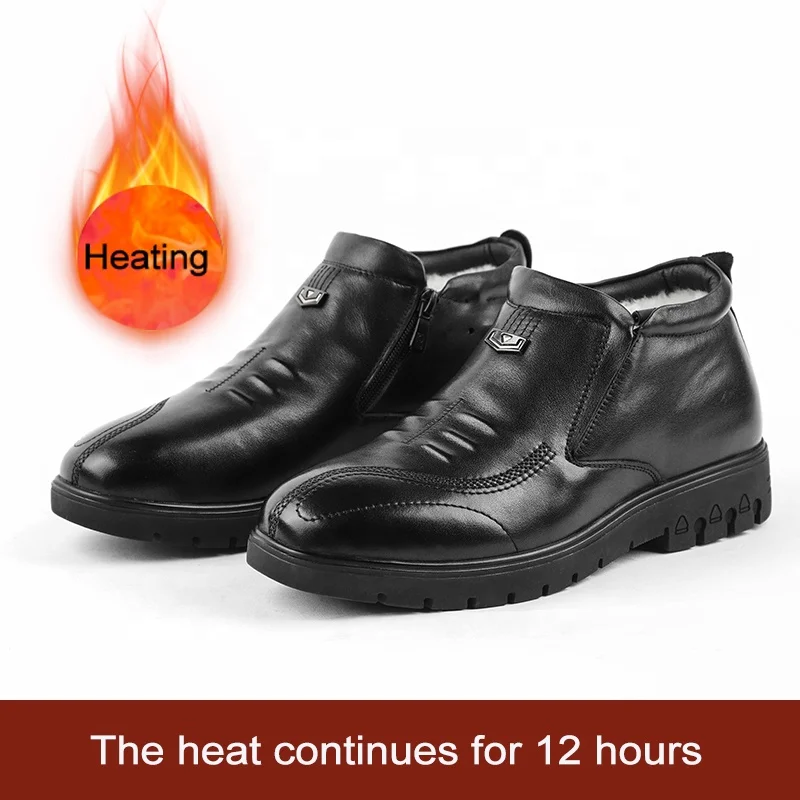 Classical Genuine Leather Rechargeable Electric Heating Shoes Foot Warmer for Men Black Charger Winter Cotton Battery