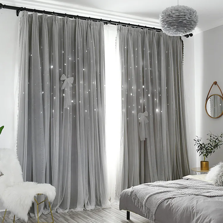 Double Lace Hollow Star Curtain Princess Wind Mesh Bedroom Living Room Blackout Curtains for Bedroom Kids Room