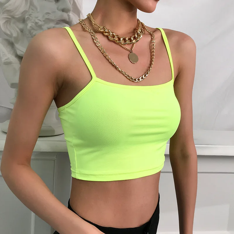 
CAXT4035W12 neon clothing fluorescent green womens crop tops 2019 sexy girls tank top spaghetti strap 