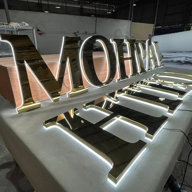 Storefront signs outdoor custom hotel sign metal stainless steel logo mirror gold backlit logo sign 3d wall gold chrome letters