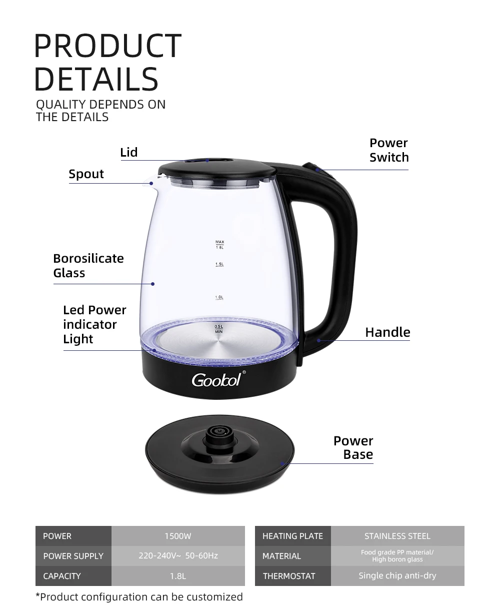 LED Illuminated1.8L Portable Design Glass Electric Kettle  electric kettle manufacturer