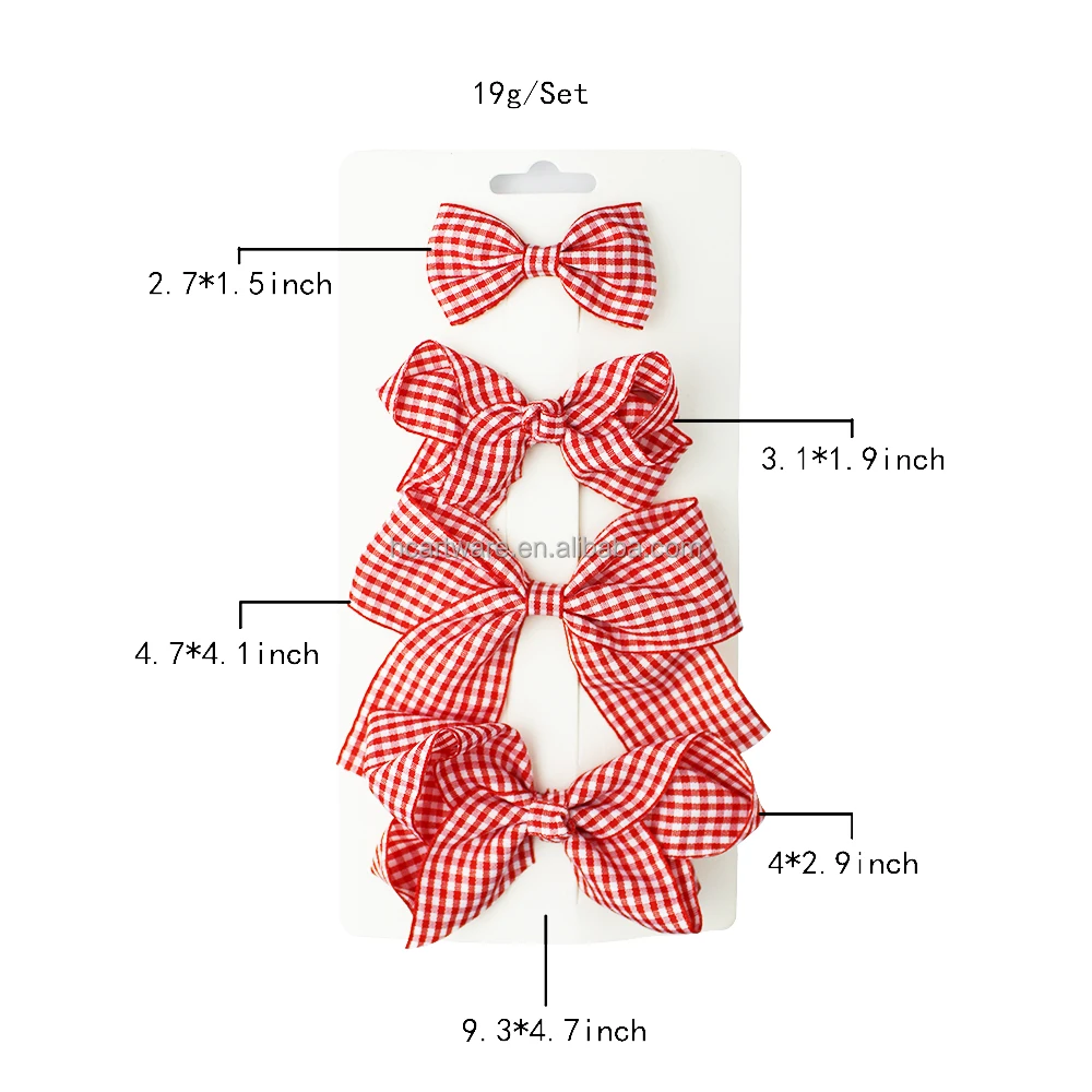 HCArtware Amazon Hot Sale Plaid Pattern Sweet Hair Bow Pastoral Style 4 Piece Suit Girls Hair Clips Country Style Kids Hair Bow