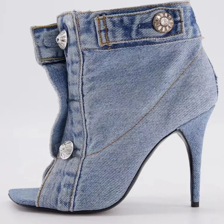 Summer Square Open Toe High-Heeled Short Boots Denim Ankle Boots Stiletto Sandals Buckles Jeans Women Shoes