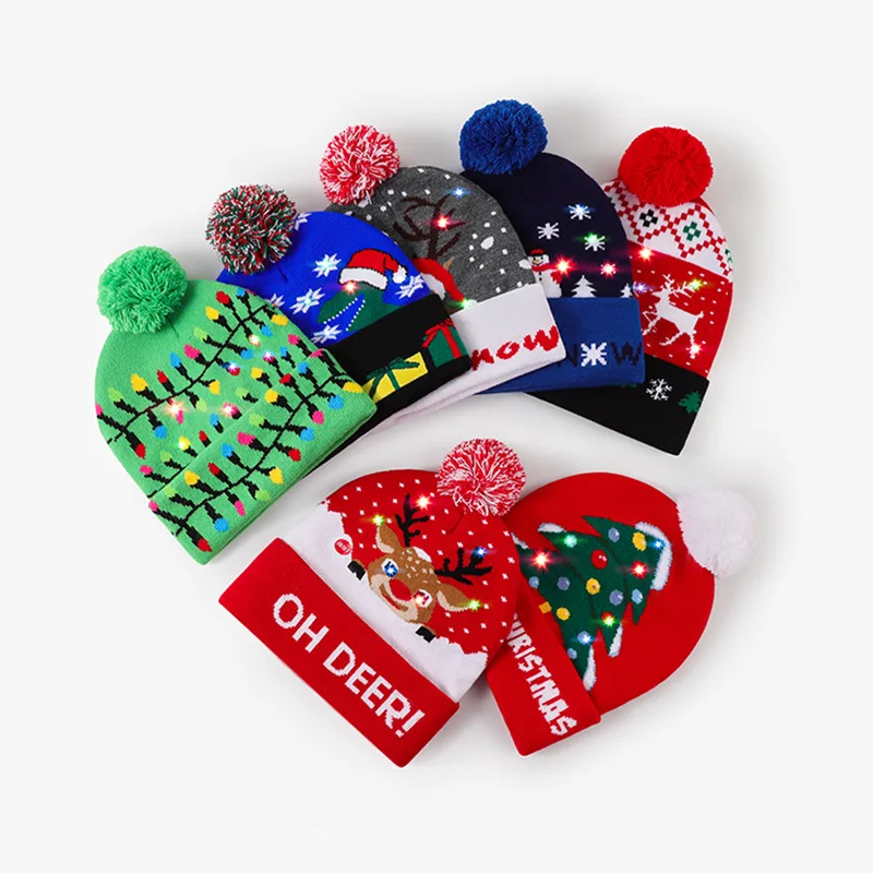 Wholesale high quantity high-quality Christmas knitted hats cute and trendy autumn and winter Christmas gifts with LED bulbs