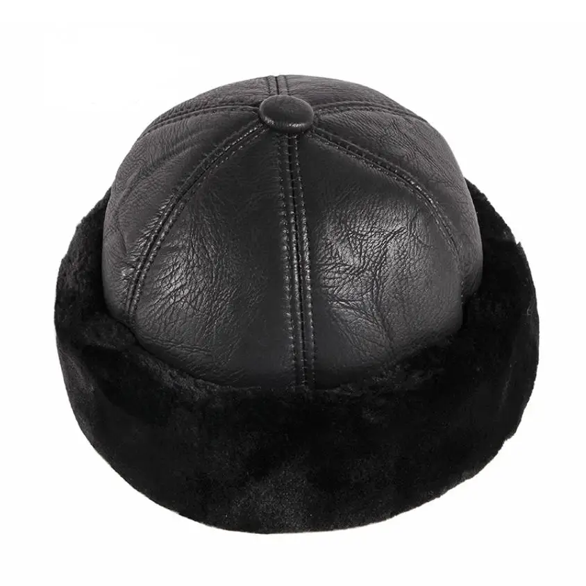 PU leather Cover Wind Head Protection Warm Black Fleece Lined Lord Winter Melon Caps Docker Pumpkin Brimless Landlord Bonnet Hat