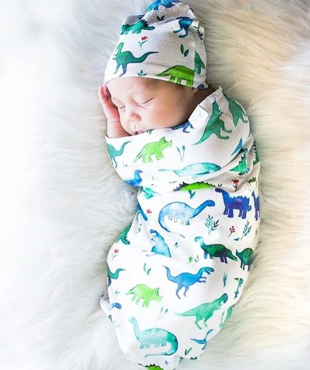 Dinosaur Newborn Baby Boys Girls Cocoon Toddler Sleeping Bag Set Cartoon Animal Printing Baby Swaddle Blanket Wrap with Hat