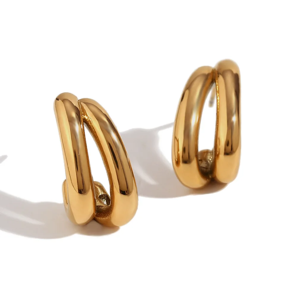 Smooth 316L Stainless Steel Double Layer Open U-shaped Unusual Stud Earrings Rust Proof Statement Daily Jewelry