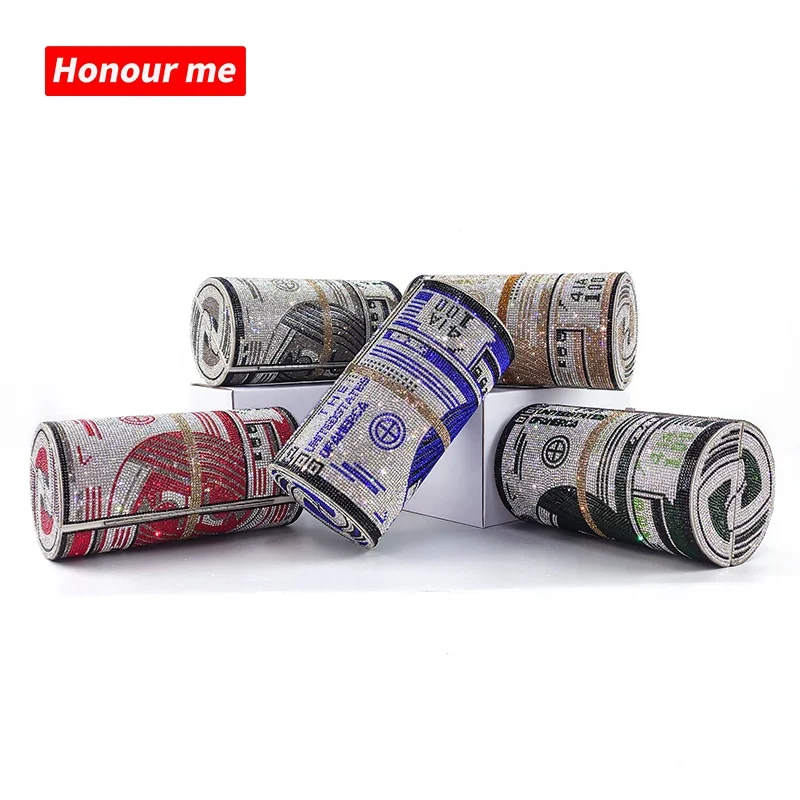 A Roll Of Dollar Printing Rhinestones Evening Bags Women Luxury Crystal Diamonds Round Clutch Purse Ladies Chain Shoulder Bags