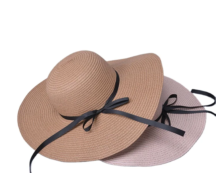 Women Straw Hat Summer Ribbon Bowknot Wide Brim Outdoor Sun Hats Foldable Floppy Panama Ladies Beach Cap
