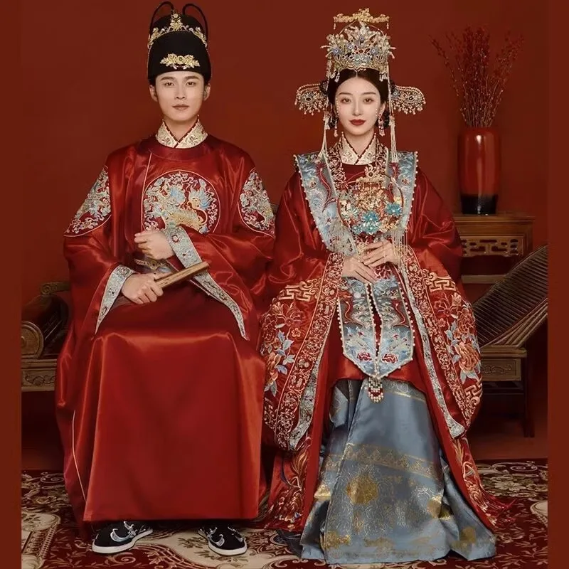 2024 Red Ethnic Clothing Ming Dynasty Costume Hand Made Groom Dragon Embroidery Xiuhe Ancient China Bride Phoenix Wedding dress