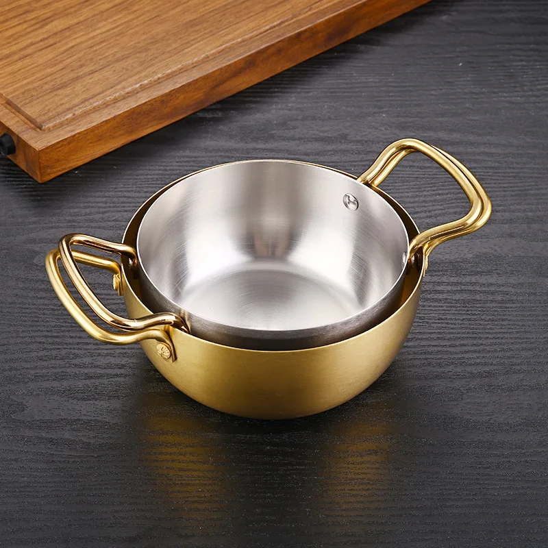 Luxury Korean Style Double Handle Instant Noodle Hot Pots Steel Stock Pot with Lid for Gas Induction Stove Compatibility Soup