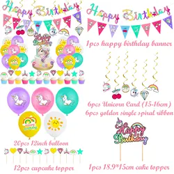 Hot Sale Unicorn Birthday Decoration For Girl Happy Birthday Banner Spiral Set Cartoon Mixed Color Balloons With Cake Topper