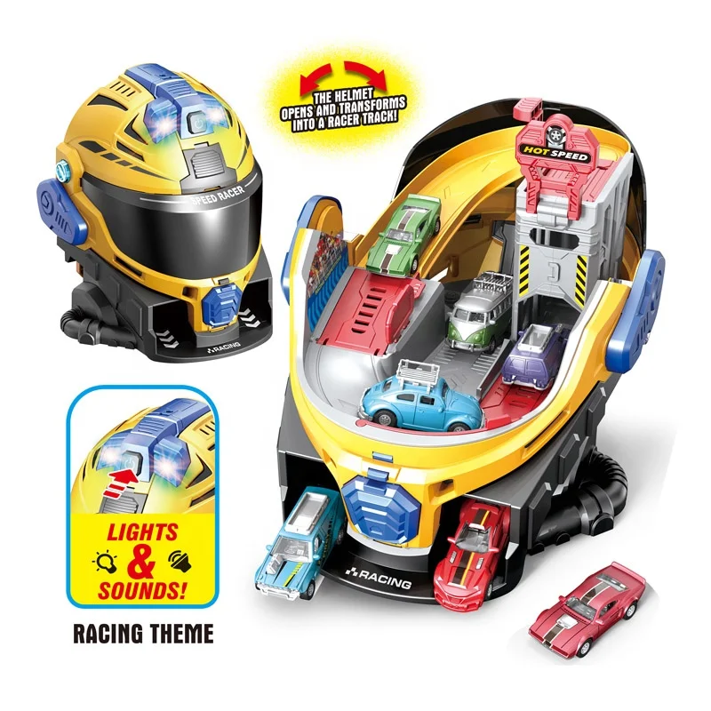 KUNYANG newest deigsn racing helmet police fire racing track light sound children play deformation parking lot toy for kids