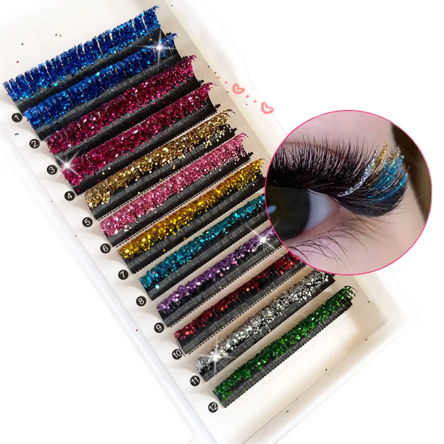 New Fashion Hand Made Glitter Lash Extension Multi Colored Lashes Tray Private Label eyelash extensions